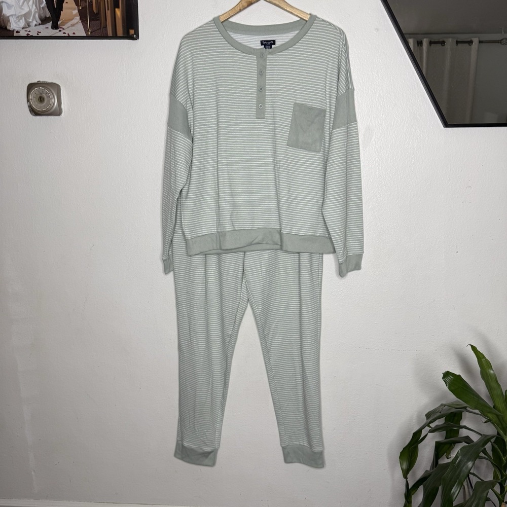 New Splendid Two Piece Lou Ge Set Green Chalk Line Long Sleeve Women's XL